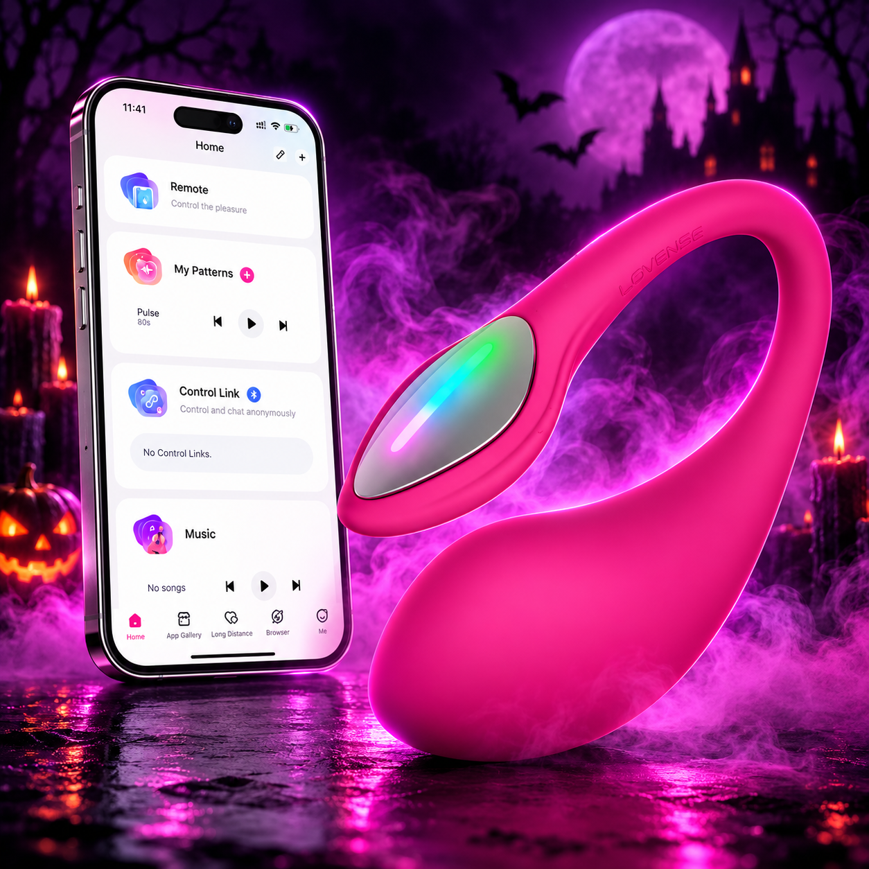Dispositivo rosa neon junto a app embrujada