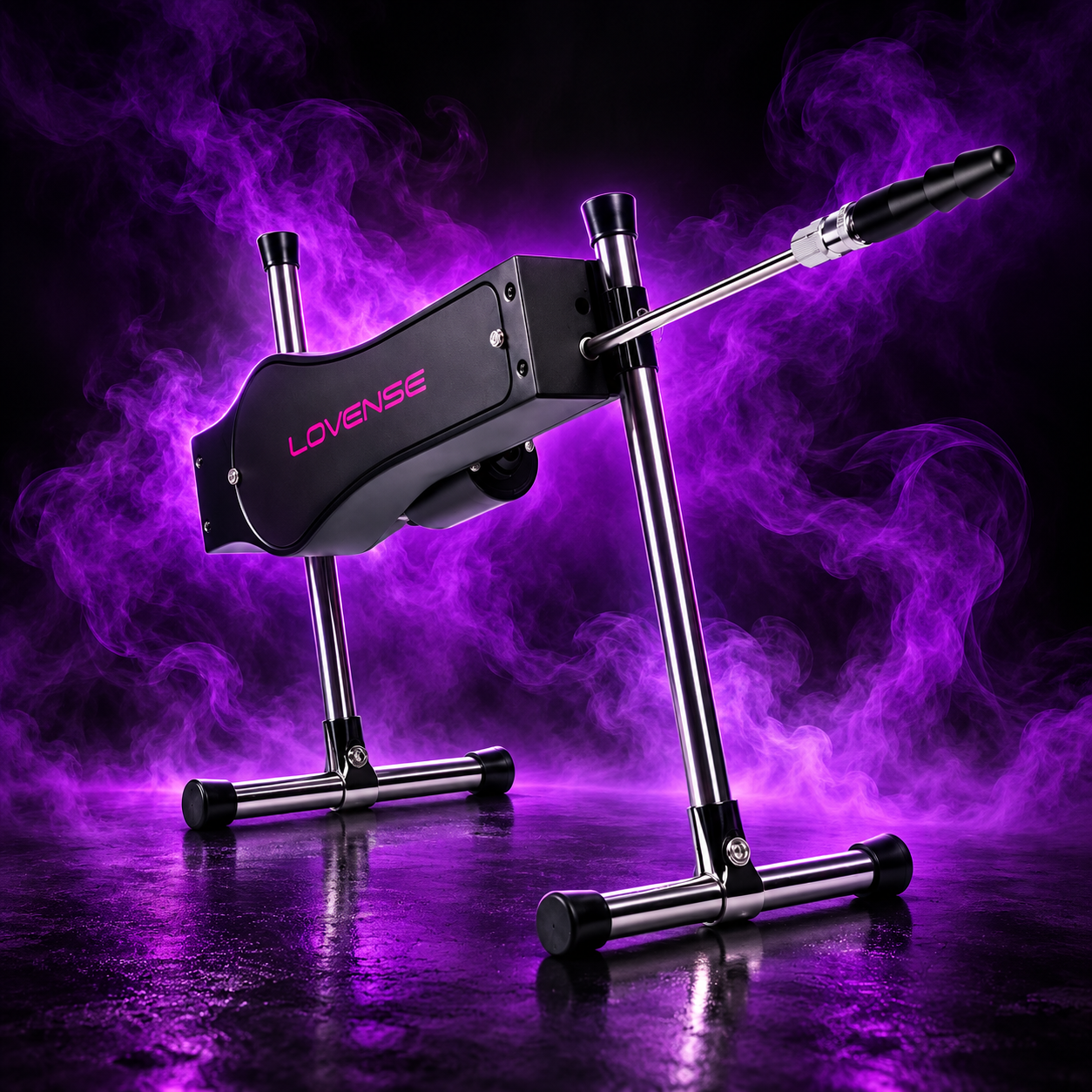 Maquina Lovense entre humo violeta